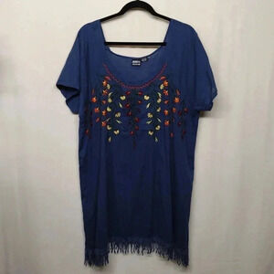 Anandas Boho Embroidered Tunic Top Navy Blue Fringe Hem Festival Style